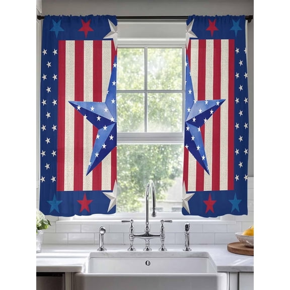 Semi Sheer Curtains Panels, Rustic Blue Star on Red White Striped Rod Pocket Top Voile Window Treatments Drapes for Living Room Bedroom Kitchen, 2 Panels 52x63 in Independence Day Flag