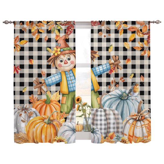 Semi Sheer Curtains Panels, Straw Man Fall Pumpkin Fallen Leaves Rod Pocket Top Voile Window Treatments Drapes for Living Room Bedroom Kitchen, 2 Panels 52x63 in Thanksgiving Retro Black Check