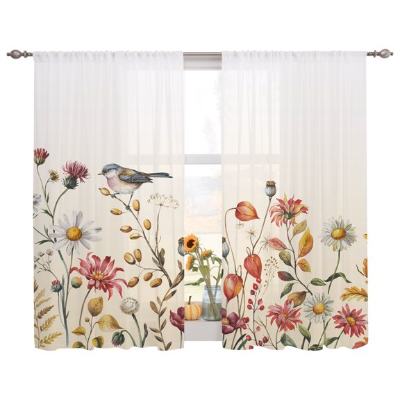 Semi Sheer Curtains Panels, Thanksgiving Fall Leaf Daisy Flower Bird Rod Pocket Top Voile Window Treatments Drapes for Living Room Bedroom Kitchen, 2 Panels 52x72 in Watercolor Plant Gradient