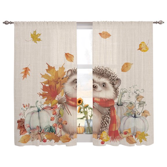 Semi Sheer Curtains Panels, Thanksgiving Farm Hedgehog Pumpkin Rod Pocket Top Voile Window Treatments Drapes for Living Room Bedroom Kitchen, 2 Panels 52x63 in Fall Maple Leaves on Burlap