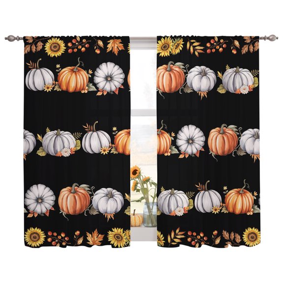Semi Sheer Curtains Panels, Thanksgiving Pumpkin Fall Maple Leaves Rod Pocket Top Voile Window Treatments Drapes for Living Room Bedroom Kitchen, 2 Panels 52x63 in Watercolor Sunflower on Black