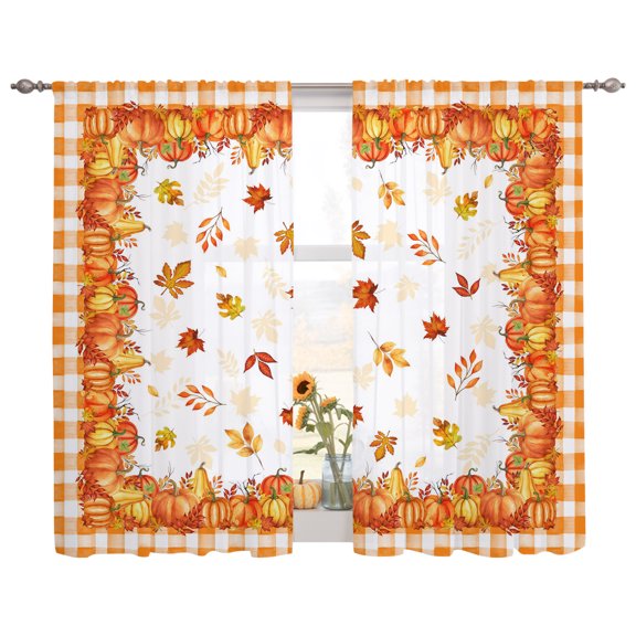 Semi Sheer Curtains Panels, Thanksgiving Pumpkin Fall Maple Leaves Watercolor Rod Pocket Top Voile Window Treatments Drapes for Living Room Bedroom Kitchen, 2 Panels 52x72 in Orange Buffalo Plaid