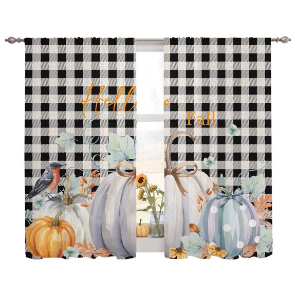 Semi Sheer Curtains Panels, Thanksgiving Pumpkin Harvest Black Checker Rod Pocket Top Voile Window Treatments Drapes for Living Room Bedroom Kitchen, 2 Panels 52x63 in Bird Farm Vines Retro Linen