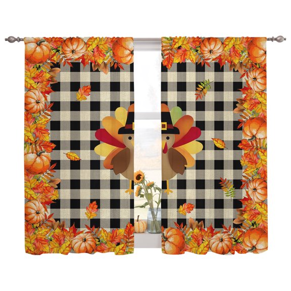 Semi Sheer Curtains Panels, Turkey Fall Pumpkin Orange Maple Leaf Rod Pocket Top Voile Window Treatments Drapes for Living Room Bedroom Kitchen, 2 Panels 52x72 in Thanksgiving Black Buffalo Plaid