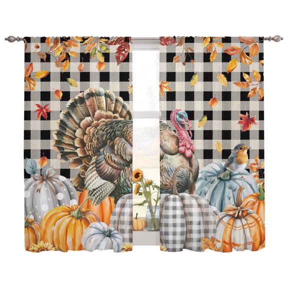Semi Sheer Curtains Panels, Turkey Pumpkin Fall Farm Harvest Rod Pocket Top Voile Window Treatments Drapes for Living Room Bedroom Kitchen, 2 Panels 52x63 in Thanksgiving Maple Leaf Black Grid