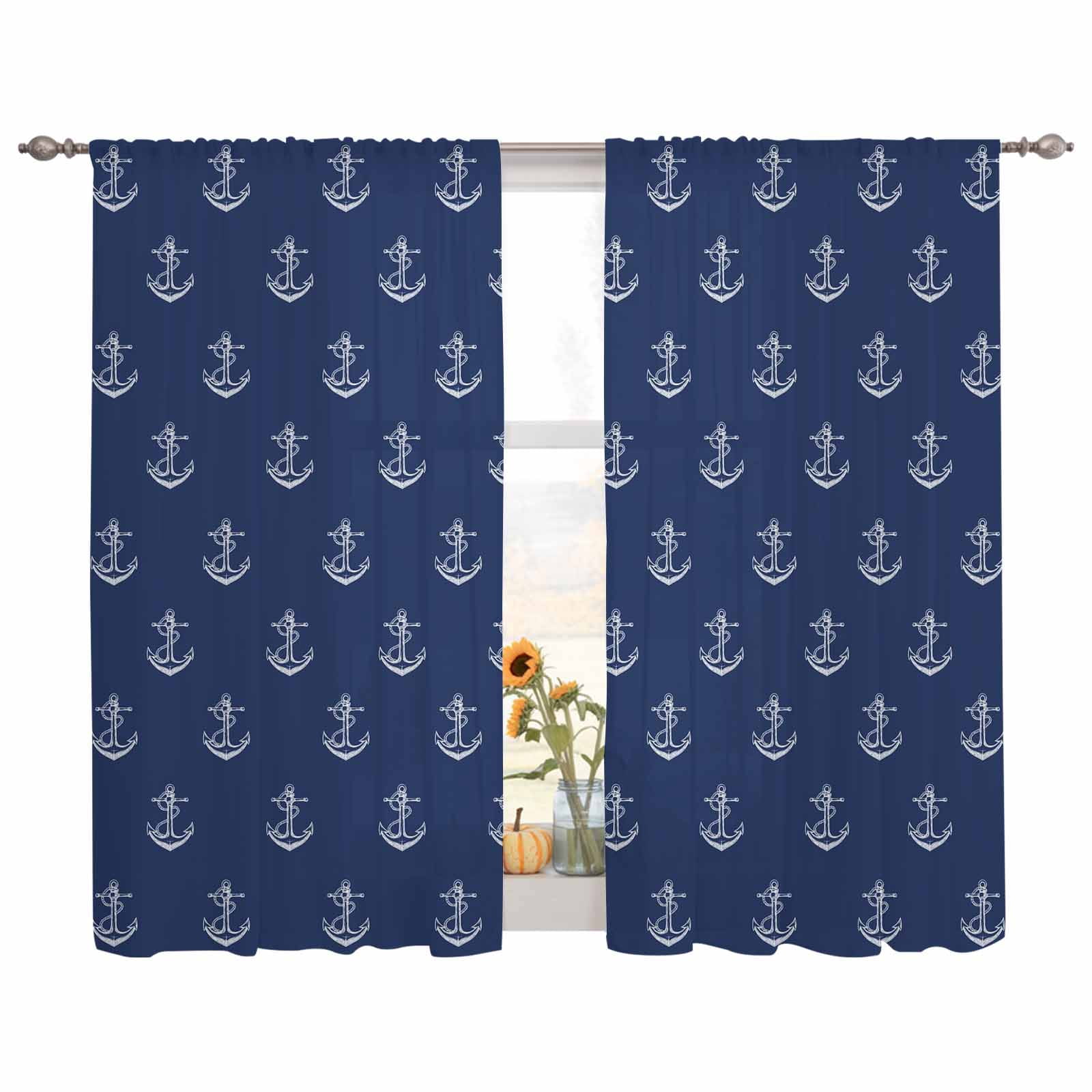 Unchor Rod Semi Sheer Curtains Panels, Vintage Nautical Anchor Rod Pocket Top ...