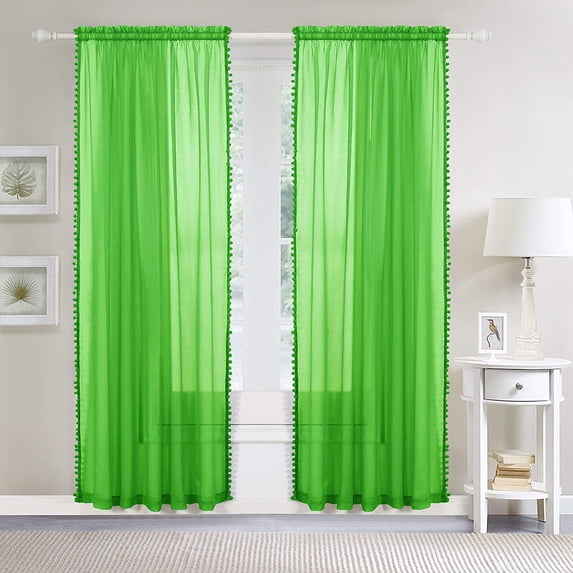 Semi-Sheer Curtains with Pom Pom Tassels - 2 Piece Set - 2 inch Rod Pocket - Solid Sheer Curtain Drapes for Living Room, Bedroom, PomPom 40" x 84", Lime Green