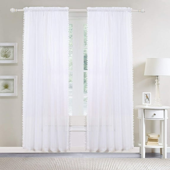 Elegant Comfort Semi-Sheer Curtains with Pom Pom Tassels - 2 Piece Set - 2 inch Rod Pocket - Solid Sheer Curtain Drapes for Living Room, Bedroom, 40 X 84, White
