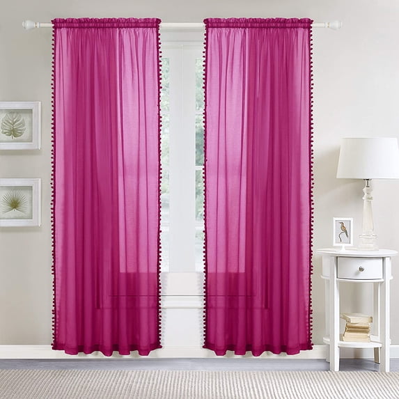 Semi-Sheer Curtains with Pom Pom Tassels - 2 Piece Set - 2 inch Rod Pocket - Solid Sheer Curtain Drapes for Living Room, Bedroom, 60 X 84, Hot Pink