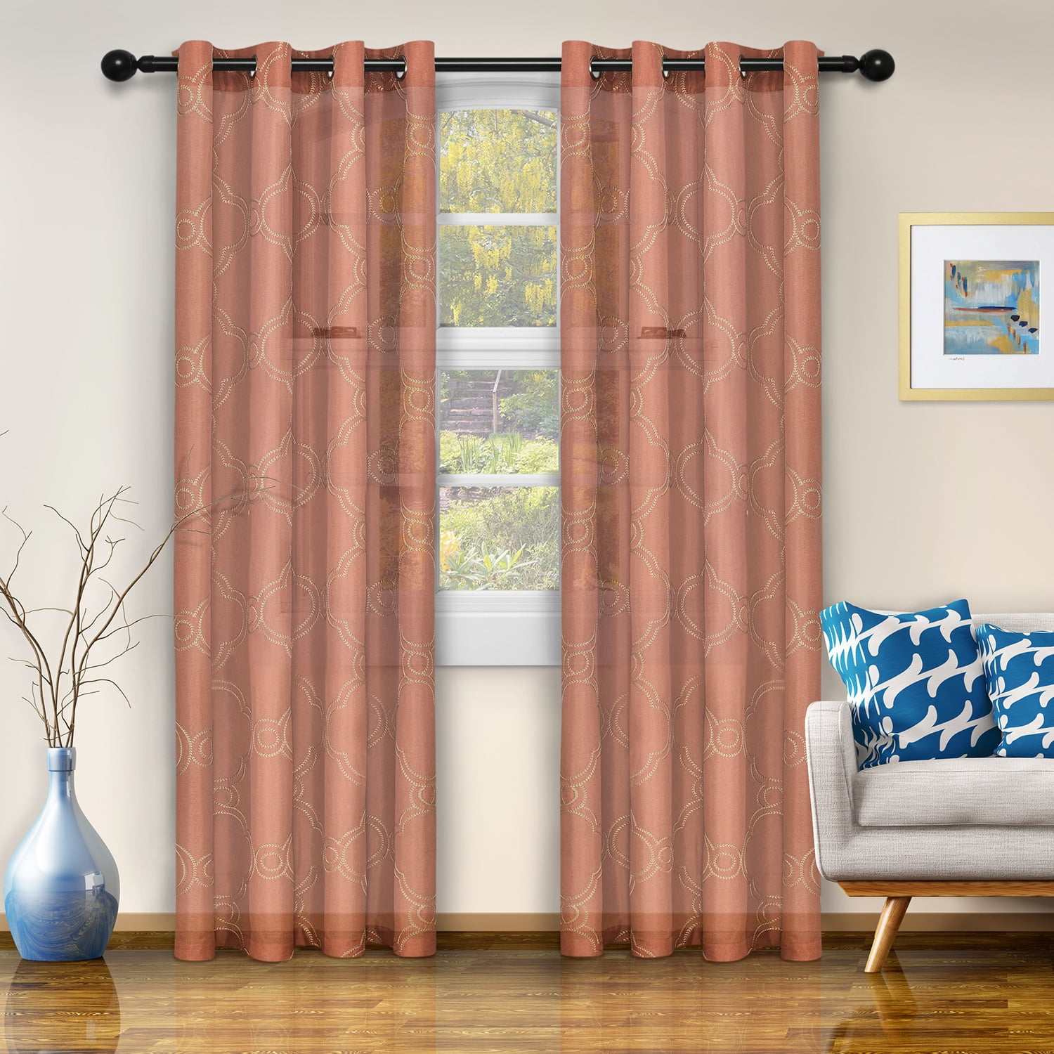 Embroidered Moroccan Trellis Semi-Sheer Grommet Curtain Panel Set, 52" x 63", Rust - Blue Nile Mills