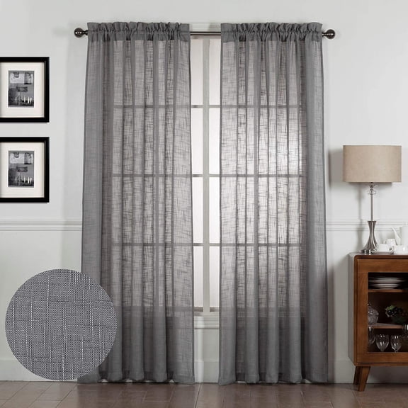 Semi-Sheer Faux Linen Cross Weave Pattern Window Treatment Curtain Draperies for Long Size Windows, Gray, 84" Long