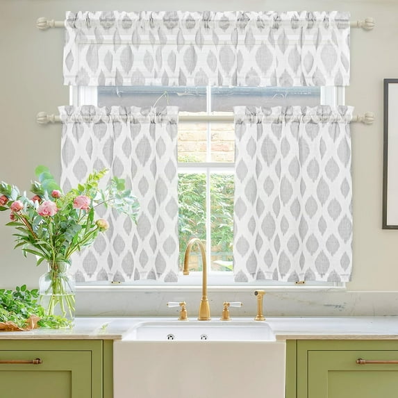Semi-Sheer Kitchen Curtains Valance and Tiers Set Jacquard Rod Pocket Farmhouse Window Curtains Grey 36 inch Length 3 Piece Set