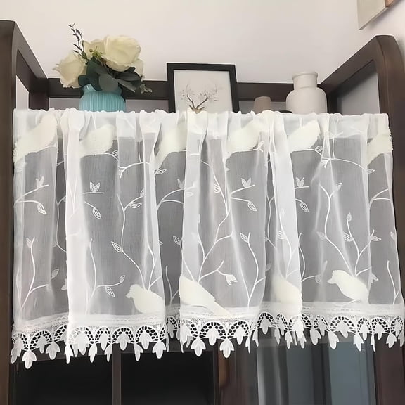 Semi-Sheer Lace Cafe CurtainFloral Bird Embroidered , W39xL20 Inch, Living Room, Bedroom, Kitchen
