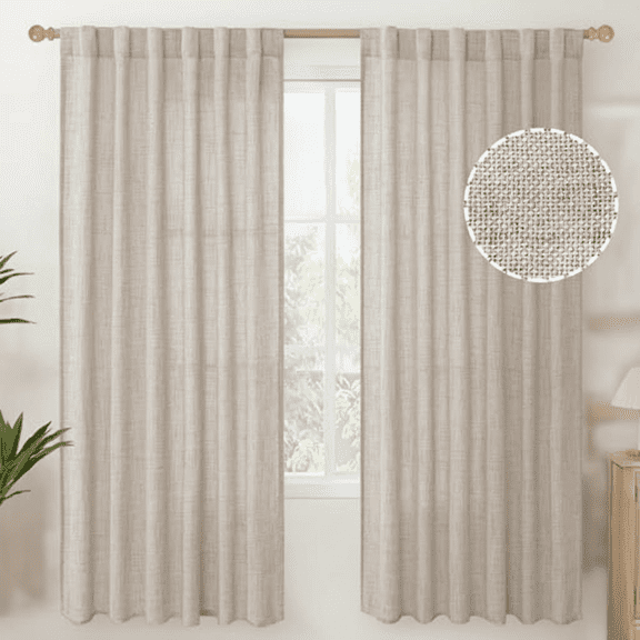 Semi Sheer Linen Curtains 72 Inch Length 2 Panels, Light Filtering Drapes with Rod Pocket & Back Tab for Living Room Dining Bedroom Window, Rustic Beige 52 x 72 Inch