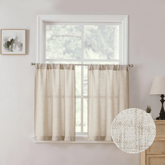 Semi Sheer Linen Tier Curtains Set of 2 Panels, Light Filtering Rod Pocket Kitchen & Bathroom Drapes, Natural Burlap Textured Fabric, 30 x 24 Inches