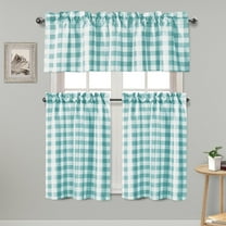 Semi Sheer Plaid Tier and Valance Curtains Set Light Filtering Buffalo Checkered Kitchen Curtains, Aqua and White, Set of 3 Pieces, 52 W x 18 L (1 Panel)   26 W x 24 L (2 Panels)