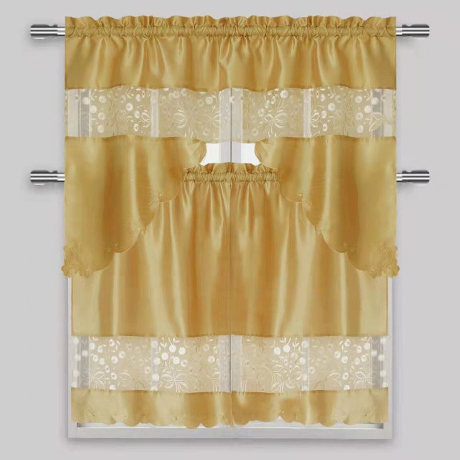 Semi-Sheer Rod Pocket Embroidery Kitchen Curtain 3 PC & Swag Valance 2 ...