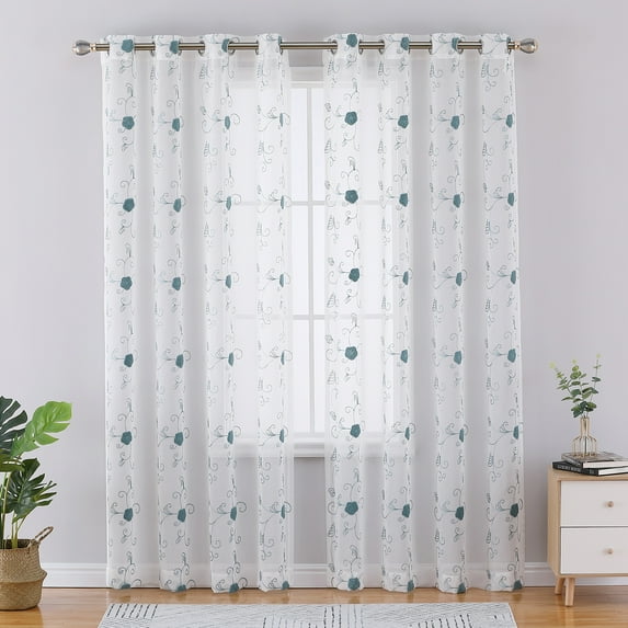 Semi Sheer Tier Curtains, Floral Embroidered Voile Grommet Light Filtering Curtain Drapes