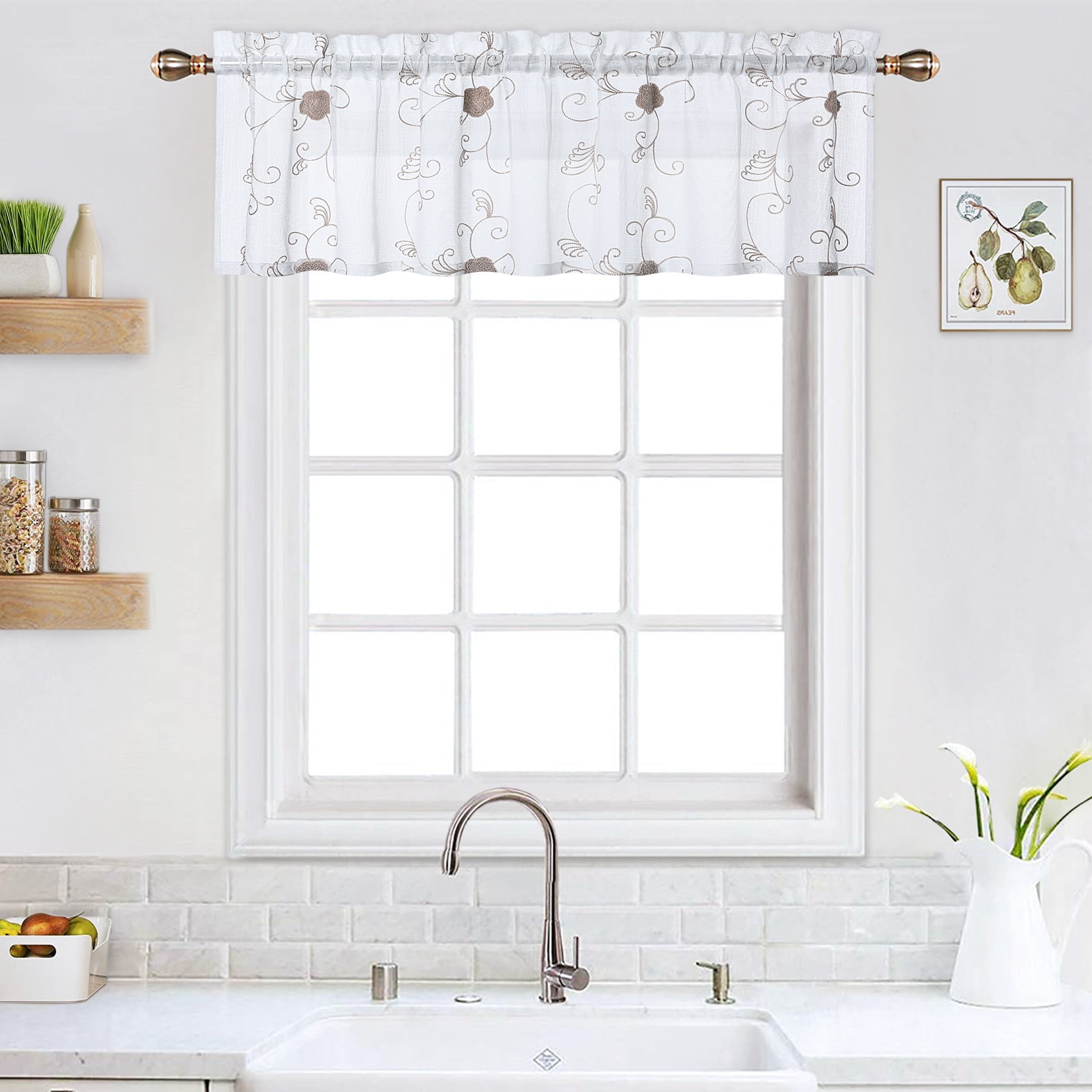 Semi Sheer Valance Curtain, Rod Pocket Floral Embroider Voile Curtain Valances