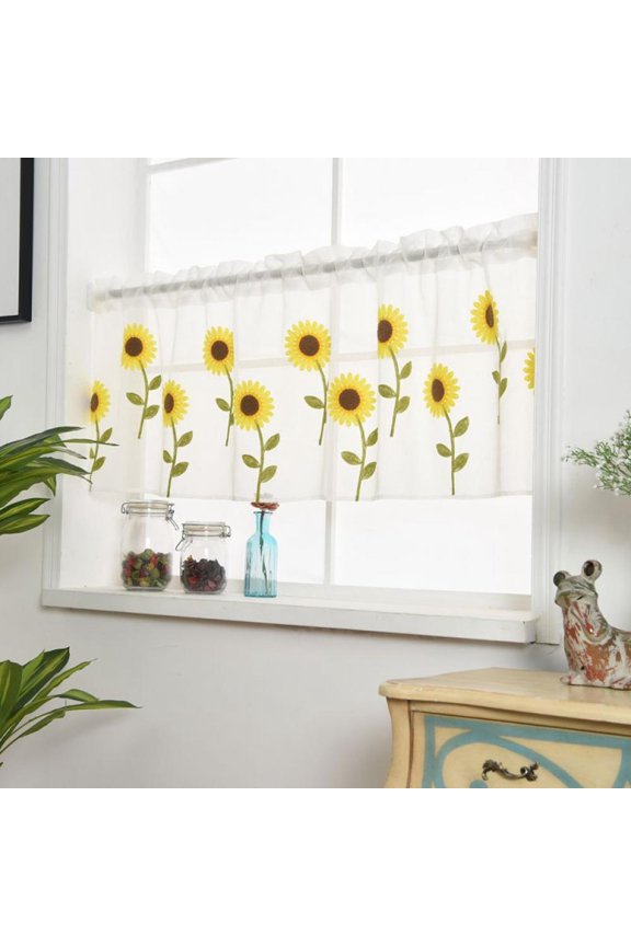 Semi Sheer Valance Curtains, Sunflower Embroidered Sheer Valance Window Treatment Valances for Small Window/Kitchen Rod Pocket Printed Valance Drapes, 52 x 15 Inch, 1 Panel