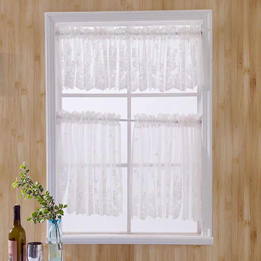 Café Curtains For Kitchen & Bathroom - 3-Piece Set With Valance, Embroidered Lace Trim