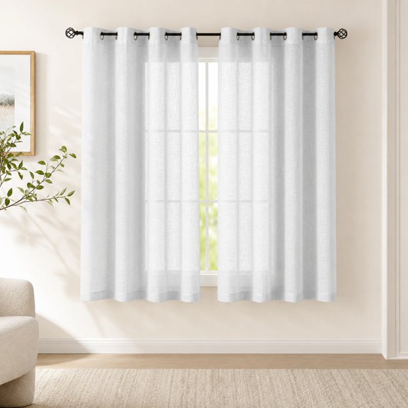 Semi Sheer White Faux Linen Curtains 45 Inch Length 2 Panels 52" W Light Filtering Window Drapes for Short Basement Laundry Room