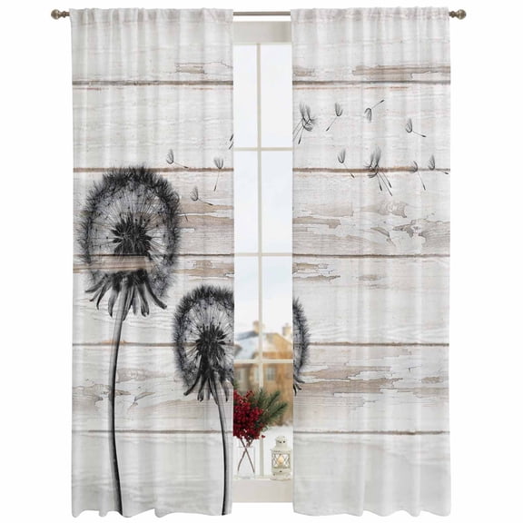 Semi Sheer Window Curtains 108 Inches Long, Farmhouse Flowers Rod Pocket Silky Chiffon Curtain Treatment Drapes for Kitchen, Living Room, Retro Rustic Wild Floral Wooden Grian 52"x108", 2 Panels