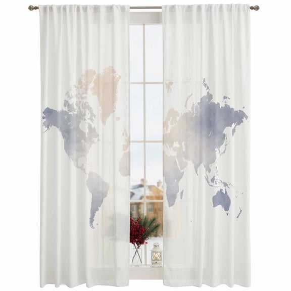Semi Sheer Window Curtains 108 Inches Long, Gray Beige Map Rod Pocket Silky Chiffon Curtain Treatment Drapes for Kitchen, Living Room, Farmhouse Ombre Abstract Illustration Art 52"x108", 2 Panels