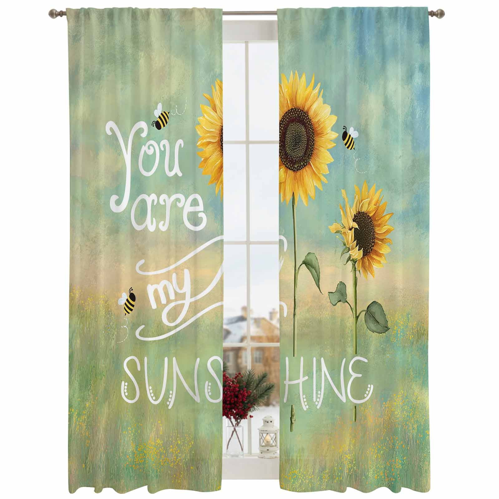 Semi Sheer Window Curtains 108 Inches Long, Sunflowers Rod Pocket Voile ...