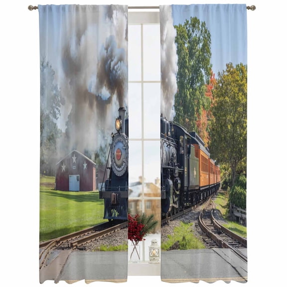 Semi Sheer Window Curtains 108 Inches Long, Train Railway Rod Pocket Silky Chiffon Curtain Treatment Drapes for Kitchen, Living Room, Countryside Cabin Trees Farmhouse Rustic 52"x108", 2 Panels