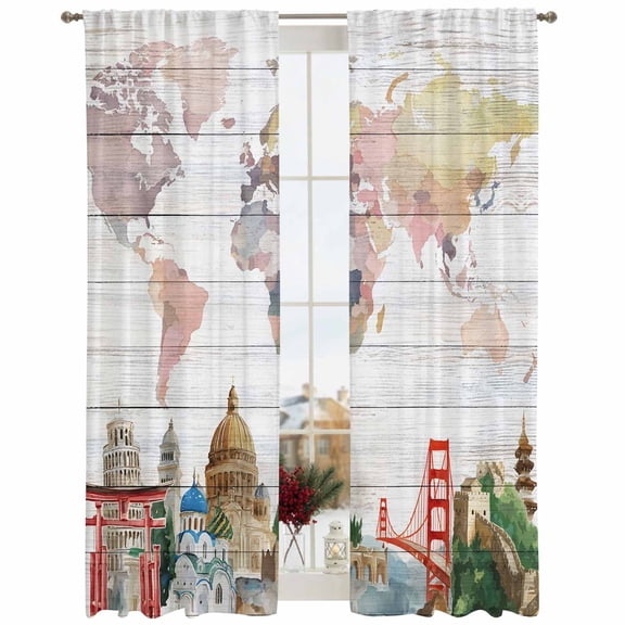 Semi Sheer Window Curtains 108 Inches Long, World Map Rod Pocket Silky Chiffon Curtain Treatment Drapes for Kitchen, Living Room, Country Famous Building Tourism Bridge Wooden 52"x108", 2 Panels