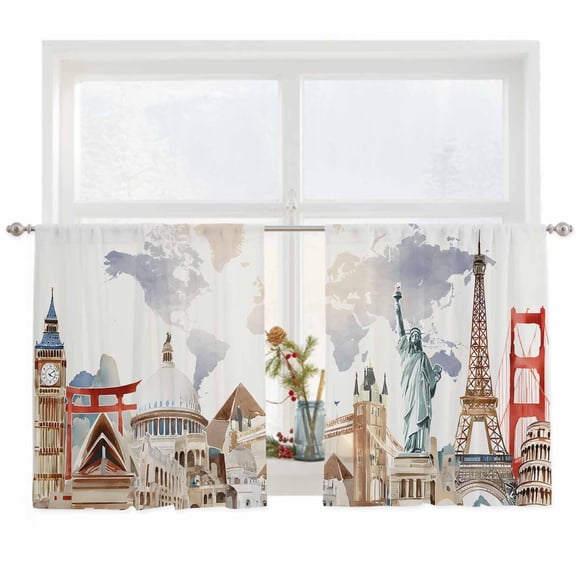 Semi Sheer Window Curtains 45 Inches Long, Gray Beige Map Rod Pocket Voile Silky Chiffon Curtain Treatment Drapes for Kitchen, Living Room, Funny Abstract Cloud Illustration Art 52"x45", 2 Panels