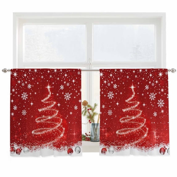 Semi Sheer Window Curtains 45 Inches Long, Red Christmas Rod Pocket Silky Chiffon Curtain Treatment Drapes for Kitchen, Living Room, Snowflake Xmas Tree Ball Modern Abstract Art 52"x45", 2 Panels