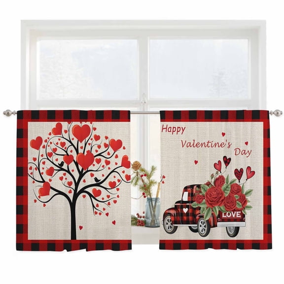 Semi Sheer Window Curtains 45 Inches Long, Red Valentine's Day Rod Pocket Silky Chiffon Curtain Treatment Drapes for Kitchen, Living Room, Love Heart Roses Plaid Romantic Rustic 52"x45", 2 Panels