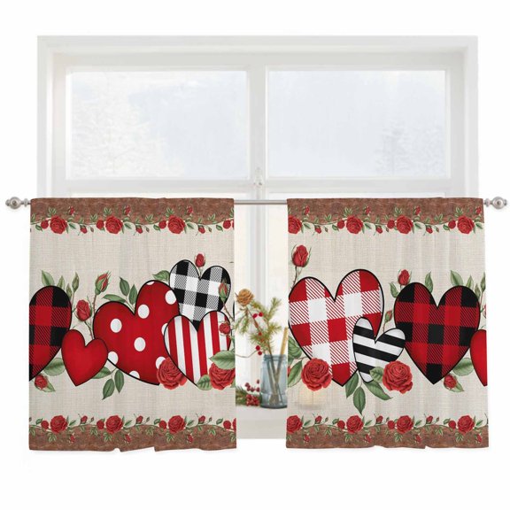 Semi Sheer Window Curtains 45 Inches Long, Red Valentine's Day Rod Pocket Voile Silky Chiffon Curtain Treatment Drapes for Kitchen, Living Room, Love Heart Roses Leaves Romantic 52"x45", 2 Panels