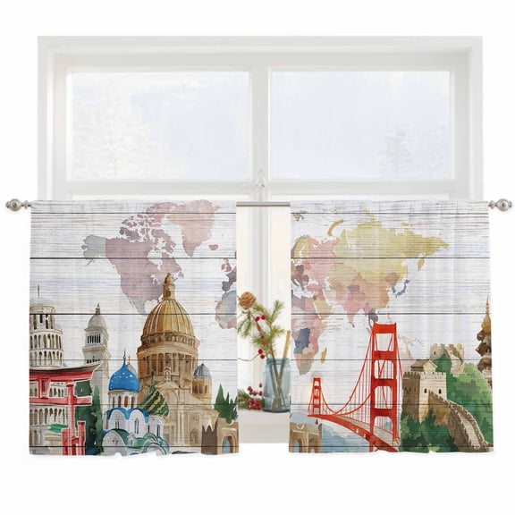 Semi Sheer Window Curtains 45 Inches Long, World Map Rod Pocket Voile Silky Chiffon Curtain Treatment Drapes for Kitchen, Living Room, Country Famous Building Tourism Bridge Wooden 52"x45", 2 Panels