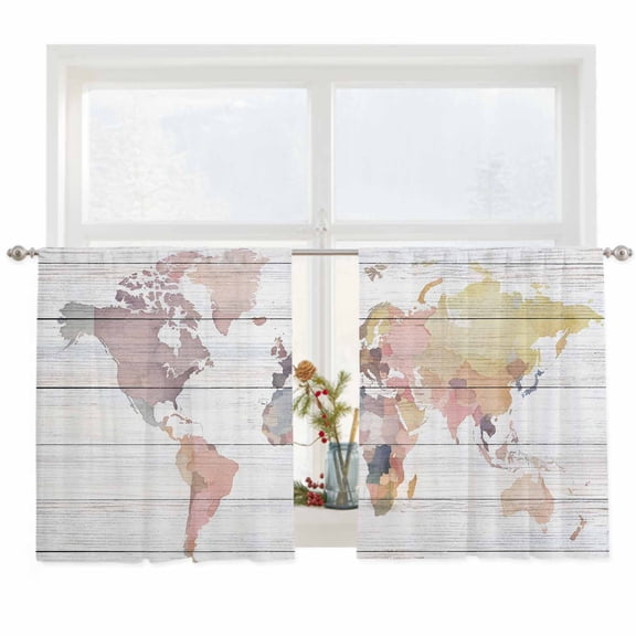 Semi Sheer Window Curtains 45 Inches Long, World Map Rod Pocket Voile Silky Chiffon Curtain Treatment Drapes for Kitchen, Living Room, Farmhouse Abstract Illustration Wooden Grain 52"x45", 2 Panels