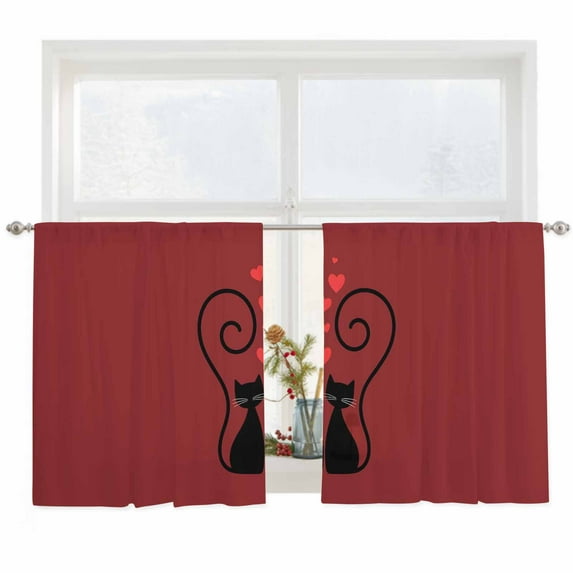 Semi Sheer Window Curtains 54 Inches Long, Valentine's Day Rod Pocket Voile Silky Chiffon Curtain Treatment Drapes for Kitchen, Living Room, Cat Red Black Modern Abstract Art 52"x54", 2 Panels