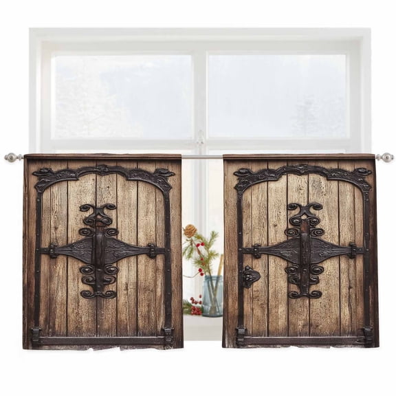 Semi Sheer Window Curtains 54 Inches Long, Vintage Doors Rod Pocket Voile Silky Chiffon Curtain Treatment Drapes for Kitchen, Living Room, Classic Farmhouse Retro Wooden Grain 52"x54", 2 Panels