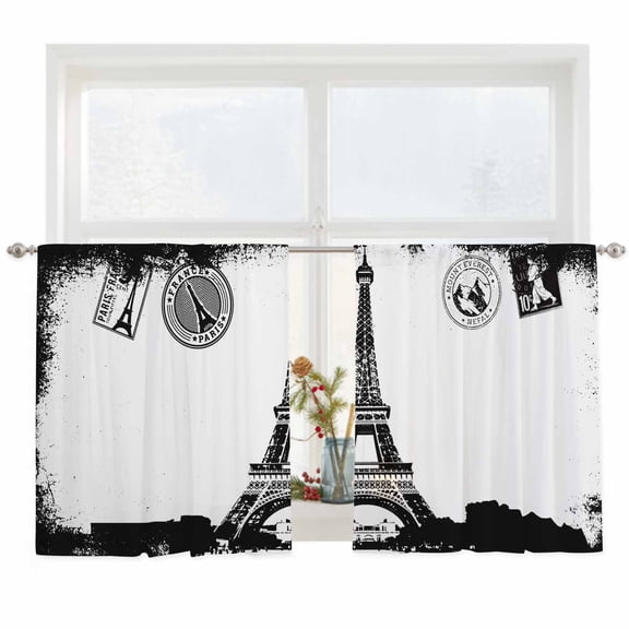 Semi Sheer Window Curtains 54 Inches Long, Vintage Paris Rod Pocket Voile Silky Chiffon Curtain Treatment Drapes for Kitchen, Living Room, Chic Shabby Retro Landscape Black White 52"x54", 2 Panels