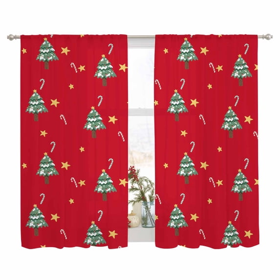 Semi Sheer Window Curtains 63 Inches Long, Christmas Tree Rod Pocket Voile Silky Chiffon Curtain Treatment Drapes for Kitchen, Living Room, Red Xmas Candy Cane Stars Winter Holiday 52"x63", 2 Panels