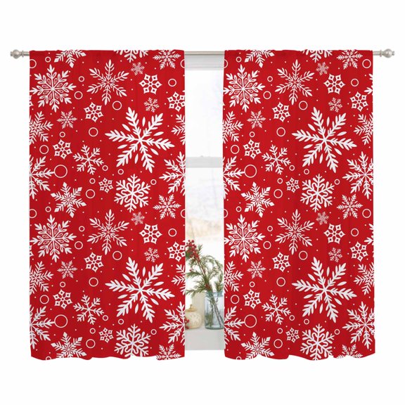 Semi Sheer Window Curtains 63 Inches Long, Red Christmas Rod Pocket Voile Silky Chiffon Curtain Treatment Drapes for Kitchen, Living Room, White Snowflake Merry Christmas 52"x63", 2 Panels