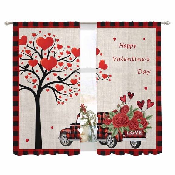 Semi Sheer Window Curtains 63 Inches Long, Red Valentine's Day Rod Pocket Silky Chiffon Curtain Treatment Drapes for Kitchen, Living Room, Love Heart Roses Plaid Romantic Rustic 52"x63", 2 Panels