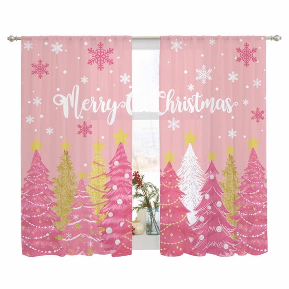 Semi Sheer Window Curtains 72 Inches Long, Pink Christmas Tree Rod Pocket Voile Silky Chiffon Curtain Treatment Drapes for Kitchen, Living Room, Pink Xmas Tree Snowflake Luxury 52"x72", 2 Panels
