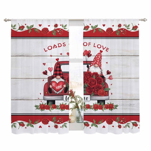 Semi Sheer Window Curtains 72 Inches Long, Red Valentine's Day Rod Pocket Silky Chiffon Curtain Treatment Drapes for Kitchen, Living Room, Love Heart Roses Gnomes Vintage Floral 52"x72", 2 Panels