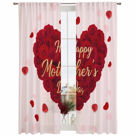 Semi Sheer Window Curtains 84 Inches Long, Pink Mother's Day Rod Pocket Voile Silky Chiffon Curtain Treatment Drapes for Kitchen, Living Room, Red Roses Love Hearts Watercolor 52"x84", 2 Panels