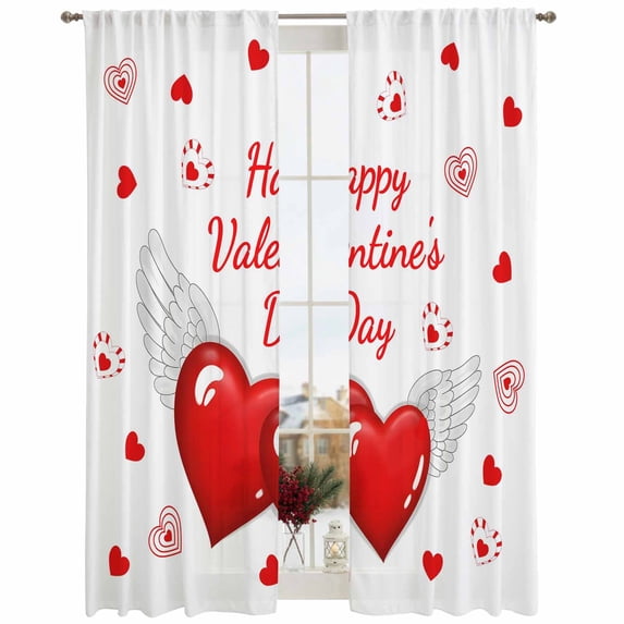 Semi Sheer Window Curtains 96 Inches Long, Happy Valentine's Day Rod Pocket Voile Silky Chiffon Curtain Treatment Drapes for Kitchen, Living Room, Red Love Heart Fly Romantic 52"x96", 2 Panels