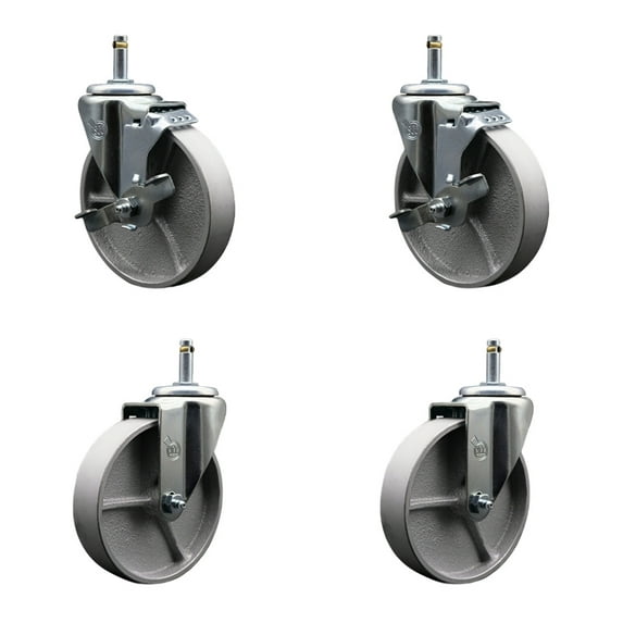 Semi Steel Swivel Grip Ring Caster Set 4 -5" Wheels&7/16" Stems-2 w/BRK