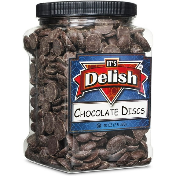 Semi-Sweet Chocolate Discs by Its Delish, 2.5 Lbs Jumbo Container Dark Chocolate For Baking & Confectionery, Pastry Chefs, Chocolatiers, Home Bakers & Sweet Snacking Non-Dairy, Vegan, Kosher Parve