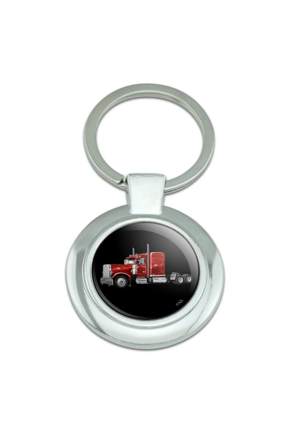 Semi Tractor Trailer Truck Trucker Classy Round Chrome Plated Metal Keychain